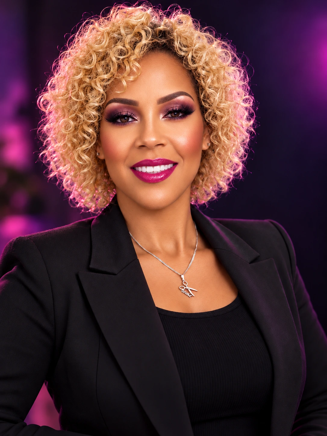 Sacha Warren, owner of Unique Hair Creations, with short blonde curls
